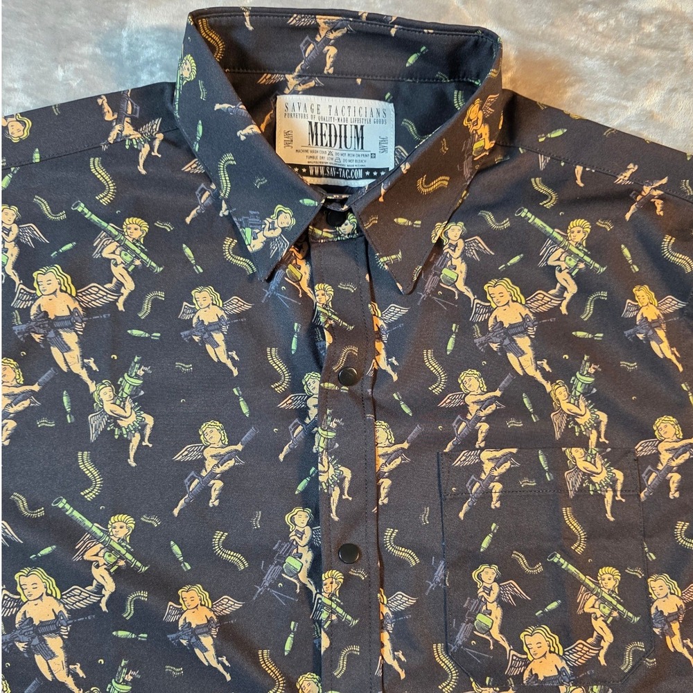 Savage Tacticians Snap Up‎ Shirt Mens Medium Black Cherub Tactical Print SS
